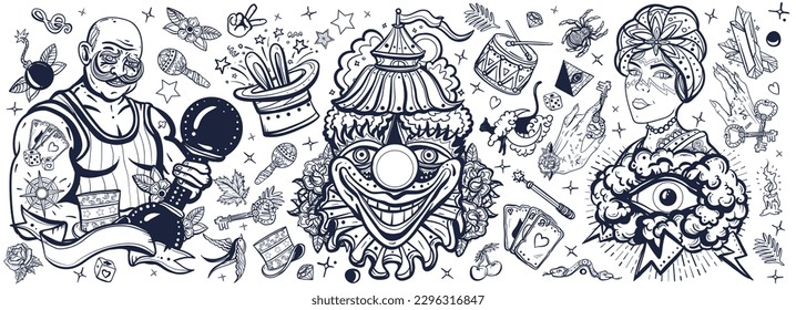 Circus. Old school tattoo vector collection. Clown, strong man with dumbbells, fortune teller woman, magic trick, rabbit in a magician hat. Traditional black and white style