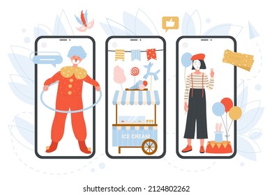 Circus Online Tickets On Screens Of Mobile Phones Vector Illustration. Cartoon Clown And Mime Performing Show, Magic Tricks With Bunny And Hat Of Magician, Sale Of Ice Cream And Sweets For Children