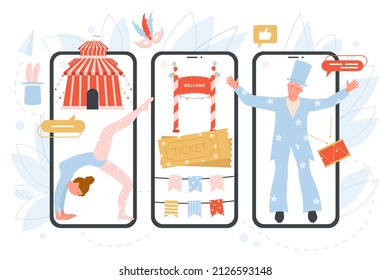 Circus Online Tickets On Screens Of Mobile Phones Vector Illustration. Cartoon Magic Carnival Show With Acrobat And Magician In Funny Costume With Top Hat, Welcome On Entrance Of Amusement Park