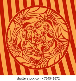 Circus ornament engraving art print. Exclusive hand made artwork. Five clown characters with different emotions abstract round linocut. Vector illustration. Mood image. Red, orange stripes background