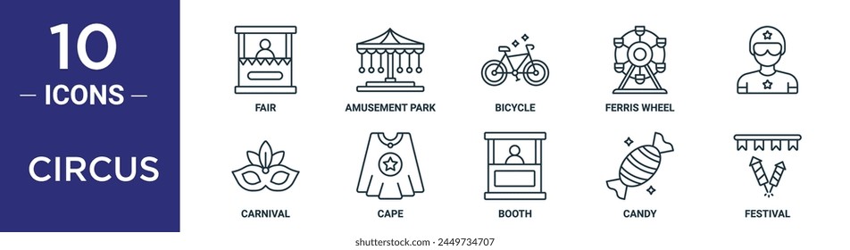 circus outline icon set includes thin line fair, amusement park, bicycle, ferris wheel,  , carnival, cape icons for report, presentation, diagram, web design