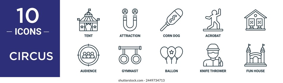 circus outline icon set includes thin line tent, attraction, corn dog, acrobat,  , audience, gymnast icons for report, presentation, diagram, web design