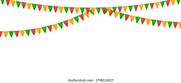 Circus paper bunting party flags isolated on white background. Carnival garland with flags. Decorative colorful party pennants for birthday celebration, festival decor. Colorful bunting flags.