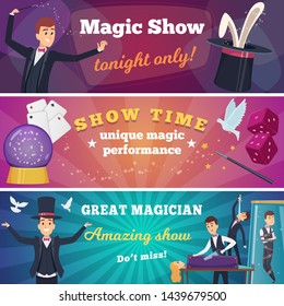 Circus party banners. Magic show with wizard characters circus tricks vector cartoons background. Announcement circus show, magician poster illustration