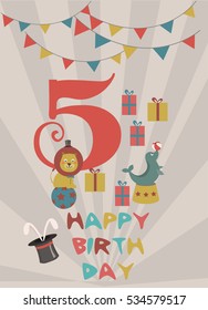 Circus party birthday invitation or greeting card. Vector illustration