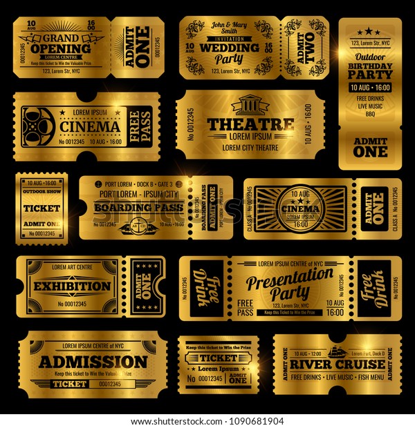 サーカス パーティー シネマベクタービンテージ入場券テンプレート 黒い背景に金色のチケット ビンテージ式の収集券 入場券 展示イラスト のベクター画像 素材 ロイヤリティフリー
