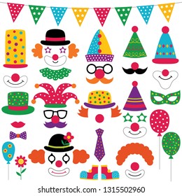 Circus party clown photo booth props, isolated vector elements set