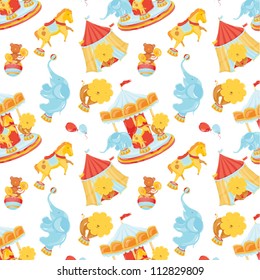 Circus pattern with animals and carousel and concession stands with airballoons. Children's positive joyful