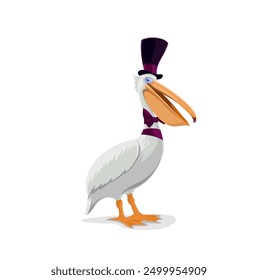 Circus pelican bird character in magician hat on funfair carnival, cartoon vector. Circus tamed animal, funny pelican bird in gentleman cylinder hat, kids circus show and shapito cartoon character