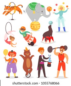 Circus people vector acrobat and clown with trained animals characters in circus-tent illustration set of magician and circusman with elephant or bear isolated on white background