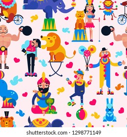 Circus people vector acrobat or clown and trained animals characters in circus-tent illustration set of magician and circusman with lion or elephant isolated background