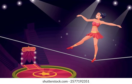 Circus performance. Acrobatic show on circus area exact vector cartoon background with athletic equilibrists show