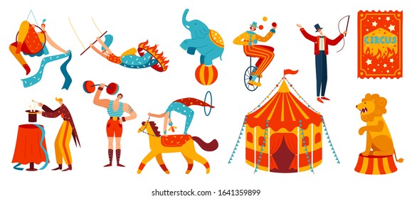 Circus performance, acrobats and trained animals, vector illustration. Set of isolated cartoon characters, people and animals performing stunts in circus. Horse, elephant, strongman and juggling clown