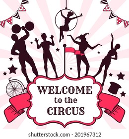 Circus performance advertisement with silhouettes of performers