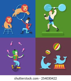 Circus performance with animals clown actor athlete, Vector illustration