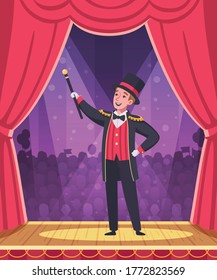 Circus performance background with magician show symbols cartoon vector illustration