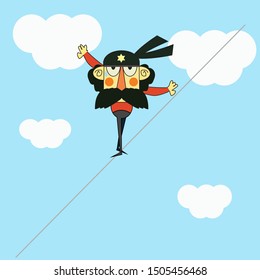 Circus performance balance acrobat flat character. performer man playing aerial arts. Vector illustration funny cartoon