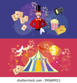 Circus performance banner magic show circus tent vector illustration 