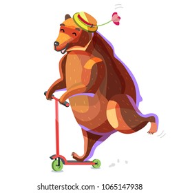 Circus performance of the bear on bicycle. The bear in hat balances on one leg on kick scooter. Cartoon vector illustration.