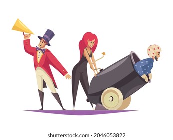 Circus performance cartoon composition with man sitting in cannon vector illustration