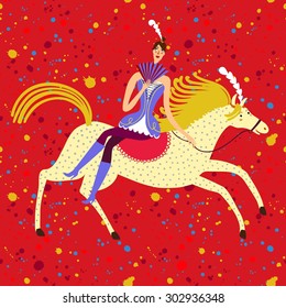Circus performance cartoon illustration with cute hand drawn horse and rider lady. Cartoon vector illustration.