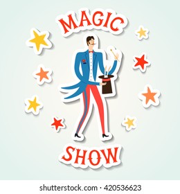 Circus performance cartoon illustration with cute hand drawn magician and rabbit. Sticker style image with shadow. Cartoon vector illustration.