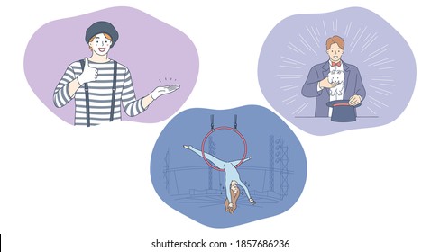 Circus, performance, clown, show, entertainment concept. People clown, magician with hat and woman air gymnast cartoon characters making performance in circus during show. Leisure, art, performer 