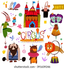 Circus performance collection  in cartoon style-part_1. Funny card with athlete animals: rabbit, butterfly, lion, bear, weightlifter and twins-magician vector illustration
