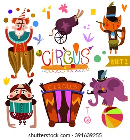 Circus performance collection  in cartoon style-part_2. Funny card with athlete animals: clown, rabbit, cat and elephant-magician vector illustration
