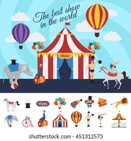 Circus performance concept with best show in world design and decorative elements collection isolated vector illustration