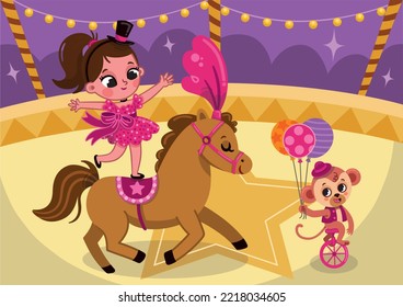 Actuación en circo con una linda chica y un caballo. Caricatura vectorial.
