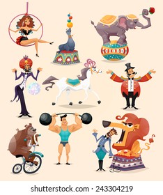 Circus performance decorative icons set with athlete animals magician vector illustration