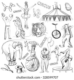 Circus performance decorative icons set with athlete, animals, magician vector illustration
