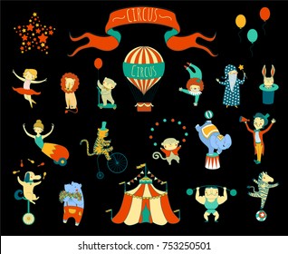 Circus performance decorative icons set with athlete animals magician vector illustration