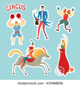 Circus performance decorative illustration with cute hand drawn performers. Sticker style cartoon vector illustration.