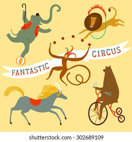 Circus performance decorative set with cute hand drawn animals like elephant, bear,lion, monkey. Cartoon vector illustration.