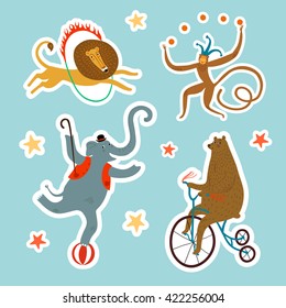 Circus performance decorative set with cute hand drawn animals like elephant, bear,lion, monkey. Sticker style cartoon vector illustration.