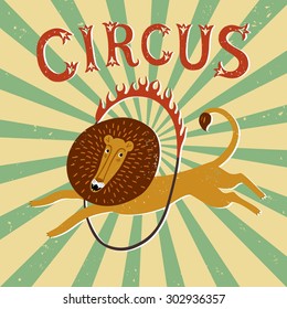 Circus performance decorative vintage poster with cute hand drawn lion. Cartoon vector illustration.