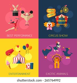 Circus performance, entertainment, amusement show compositions banner. Vector illustration