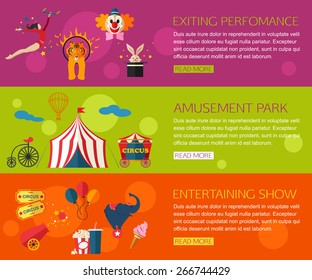 Circus performance, entertainment, amusement show compositions. Vector illustration