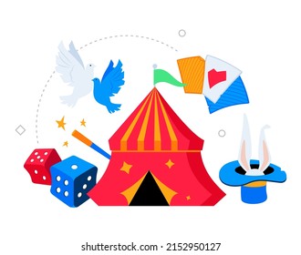 Circus performance and fair - modern colored vector poster on white background with tent, rabbit in a hat, dice, magic wand, two doves, deck of cards with an ace. Magic trick and vintage show idea
