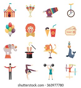 Circus performance flat color icons set with clown balloons tent acrobat and trained animals isolated vector illustration