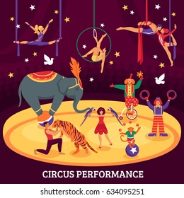 Circus performance flat composition with acrobats elephant tiger trainers and clowns at arena vector illustration