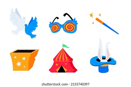 Circus and performance - flat design style icons set. High quality colorful images of fair tent, two doves, hypnotist glasses, magic wand and box and hat with a rabbit. Performance and illusion idea