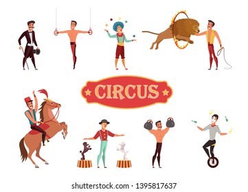 Circus performance flat vector illustration. Actors, performers cartoon characters set. Carnival, amusement theater. Entertainment show with stunts. Animal handlers, clowns, jugglers and athletes