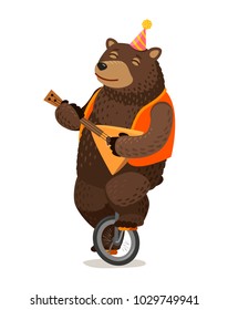 Circus performance. Happy bear rides unicycle and plays balalaika. Cartoon vector illustration