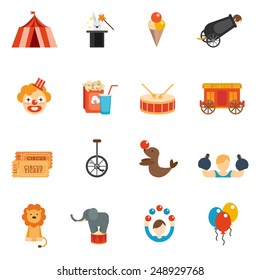 Circus performance icon flat set with tent clown rabbit in hat isolated vector illustration