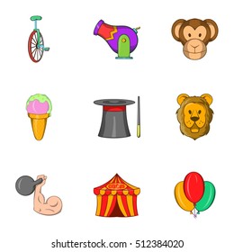 Circus performance icons set. Cartoon illustration of 9 circus performance vector icons for web