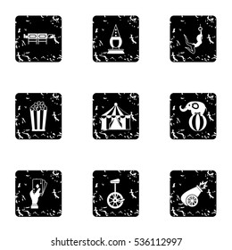 Circus performance icons set. Grunge illustration of 9 circus performance vector icons for web