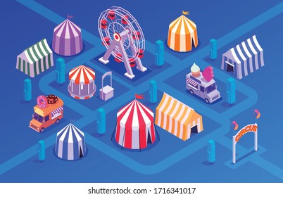 Circus Performance Isometric Concept With Amusement Park Symbols Vector Illustration